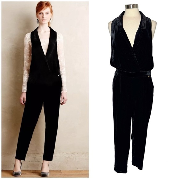 ANTHROPOLOGIE HARLYN Velvet Black Tuxedo Jumpsuit size S - Picture 1 of 13